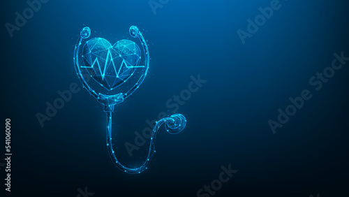 heart and line pulse with stethoscope digital technology. healthcare and medical hologram low poly wireframe. Doctor concept and physical examination.  hospital and treatment blue dark background.