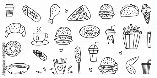 Vector set of fast food food drawn with a hand-drawn line in the style of a doodle.