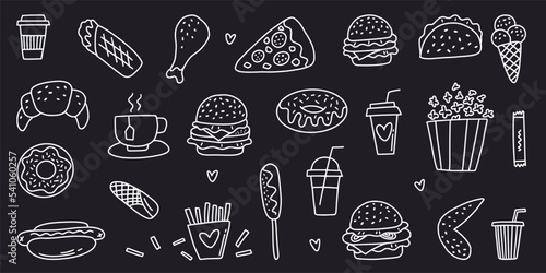 Vector set of fast food food drawn with a hand-drawn line in the style of a doodle.