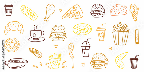 Vector set of fast food food drawn with a hand-drawn line in the style of a doodle.
