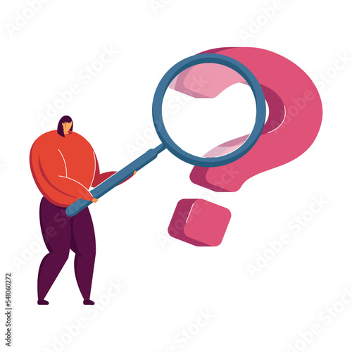 Cartoon woman searching for answers to questions. Flat vector illustration. Female person or analyst surrounded by huge question marks holding giant magnifying glass