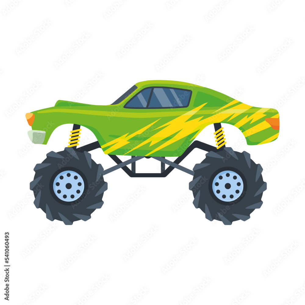 Monster car illustration. Green cartoon truck on big wheels, toys for children isolated on white. Racing, competition, automobile constructor, robotics concept Monster car illustration. Green cartoon truck on big wheels, toys for children isolated on white. Racing, competition, automobile constructor, robotics concept