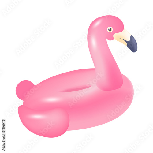 Inflatable pool ring in shape of flamingo 3D icon. Pink bird rubber ring for swimming pool or beach 3D vector illustration on white background. Summer, vacation, outdoor activity concept