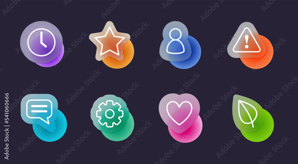 Basic icons set in glassmorphic style. Transparent blur glass effect icons. Vector illustration
