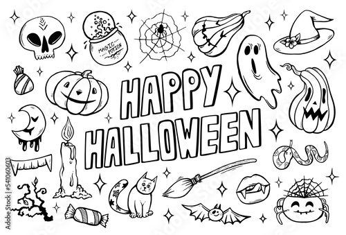 Happy Halloween coloring page with hand drawn spooky objects and pumpkins, cute Halloween coloring sheet vector illustration