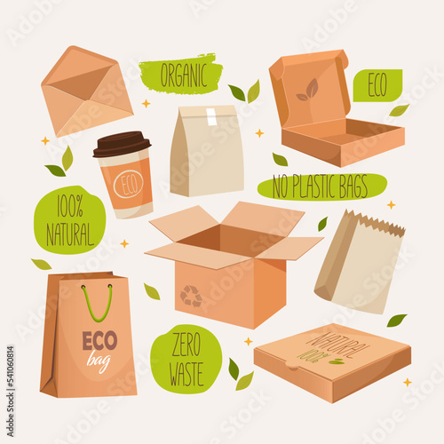 Empty eco package set includes paper containers, boxes, takeaway glasses, etc.
Concept of care about the environment