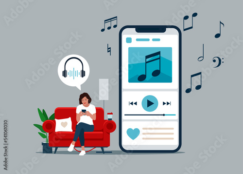 Woman listen music, sound, audio or radio online with smartphone app. Media player app. Music play list. Flat Vector illustration. 