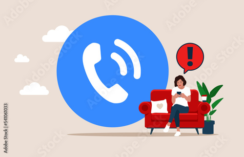 Big Accept Button. Woman receive incoming call. Phone Call. Communication concept. Flat Vector illustration. 