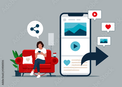 Woman sharing data, photos, links, posts and news in social networks. Flat vector illustration. 