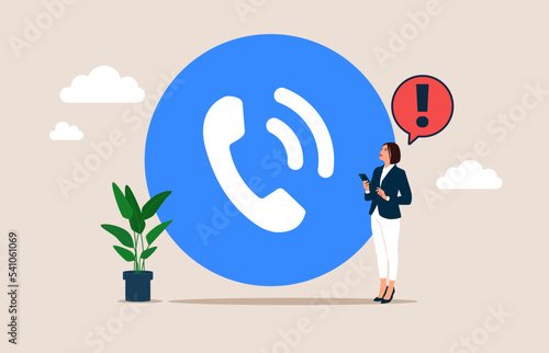 Big Accept Button. Businesswoman receive incoming call. Phone Call. Communication concept. Flat Vector illustration. 