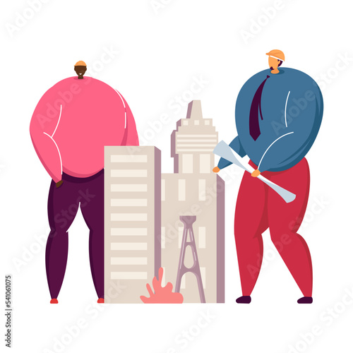 People conducting construction job. Railway, infrastructure, bridges flat vector illustration. Civil engineering, construction industry concept for banner, website design or landing web page