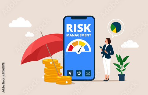 Risk management and assessment online. Business and investment concept. Woman review, evaluate, analysis risk. Flat Vector illustration. 