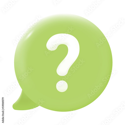 White question mark on green speech bubble 3D icon. Question mark as symbol of confusion, help 3D vector illustration on white background. Information, FAQ, customer support, survey concept