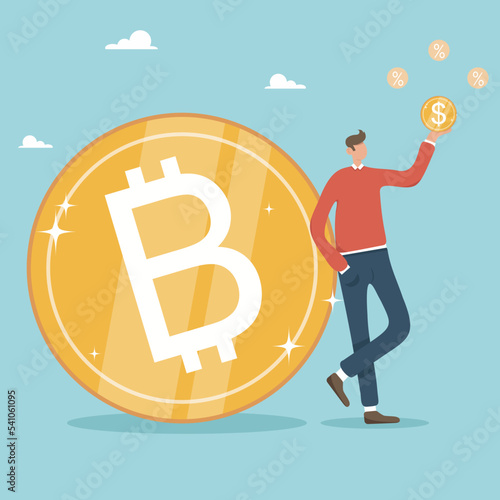 The value of bitcoin and cryptocurrency is higher than dollar money, a businessman investor stands with coins of dollar money, leaning on bitcoin. Little man, big coin, interest.