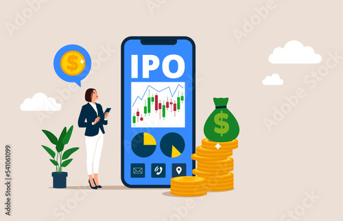 Initial public offering. IPO. Woman invest stock market shares via smartphone app. Company growth. Investment. Passive income. Flat Vector illustration
