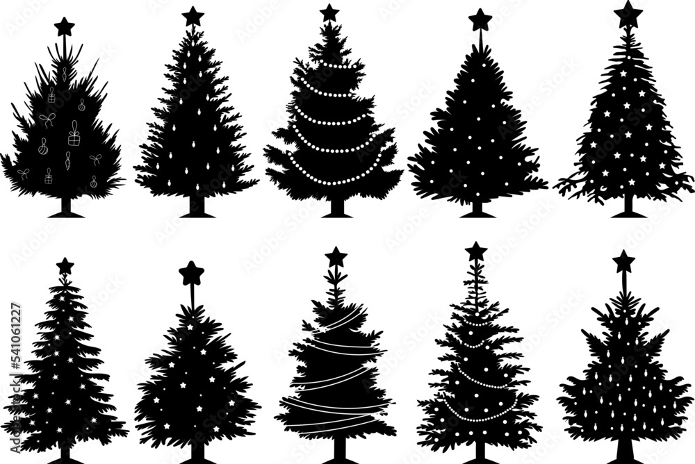 new year, christmas trees set silhouette design isolated vector - obrazy, fototapety, plakaty 