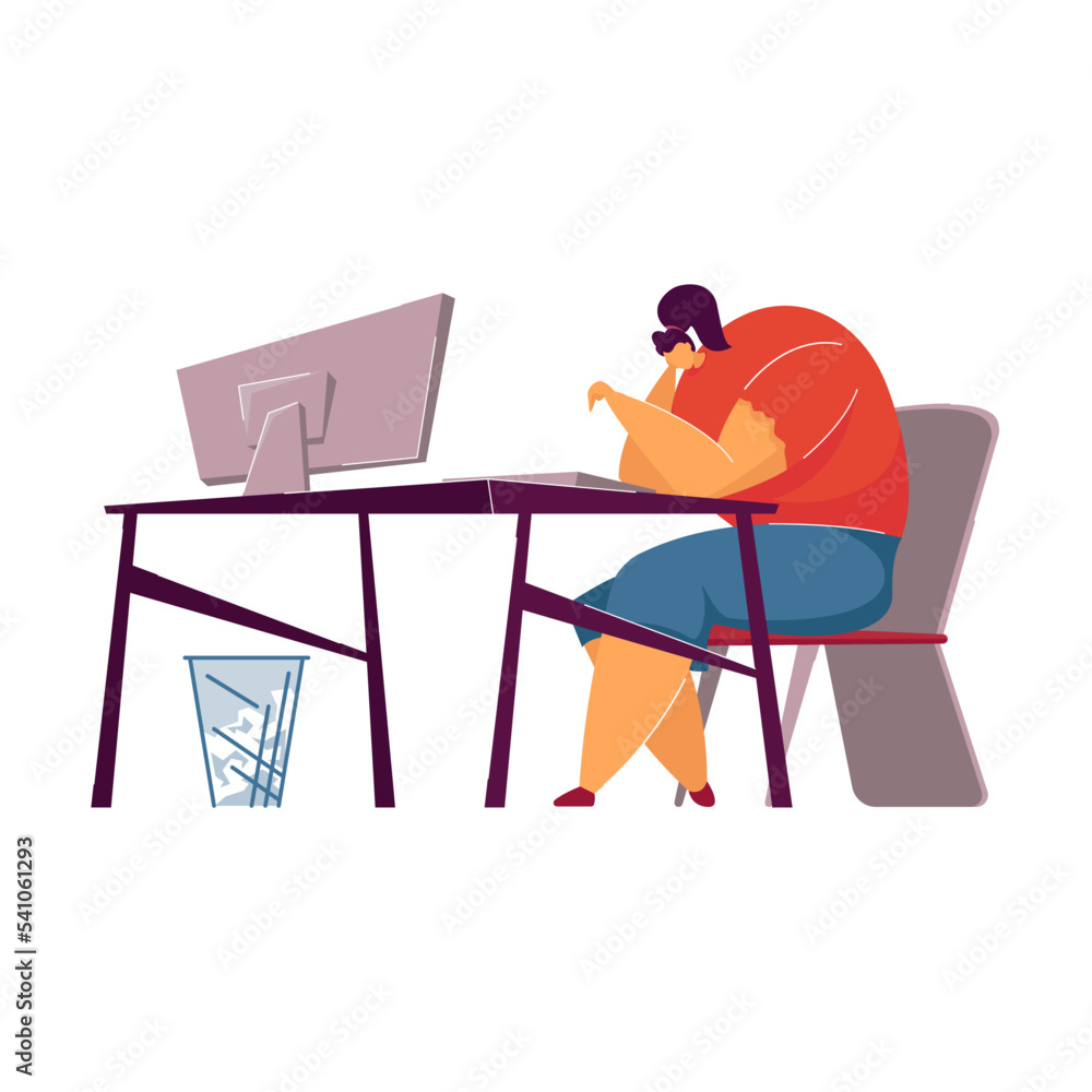Unhappy professional tired of her work or job. Exhausted freelance worker going through burnout. Vector illustration for tiredness, fatigue, low performer concept Unhappy professional tired of her work or job. Exhausted freelance worker going through burnout. Vector illustration for tiredness, fatigue, low performer concept