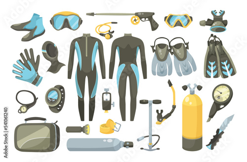 Gear for scuba diving and spearfishing vector illustrations set. Collection of diving equipment, mask, flippers, suit, oxygen tank, gloves isolated on white background. Diving, water sports concept