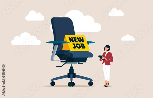 Happy woman with his new job office chair. New job offer, employment and recruitment, promoted to new position or hiring staff for vacancy. Flat vector illustration.