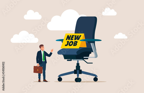 Happy businessman with his new job office chair. New job offer, employment and recruitment, promoted to new position or hiring staff for vacancy. Flat vector illustration.