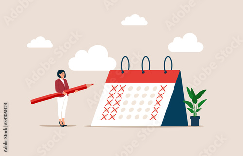 Businesswoman put holiday on calendar to make company 4 day work week. Reduce working day to increase efficiency and productivity, flexible work day for employee benefit. Flat vector illustration.