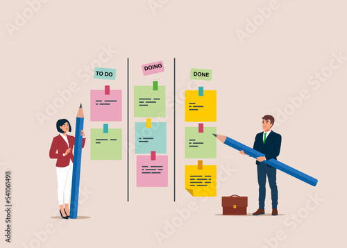Business people review project progress on kanban board. Todo list, in progress task and finished one, project management or planning for production. Flat vector illustration. 