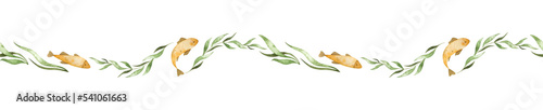 Watercolor seamless border with seaweeds and gold fish. Cute underwater repeatable frame with delicate characters for creative design