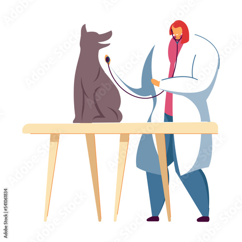 Veterinarian examining dog at veterinary clinic flat vector illustration. Doctors in office caring about pet, providing it with medical assistance. Animal, pets, medical care
