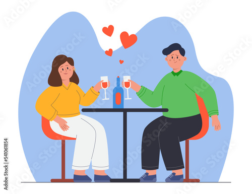 Happy couple having romantic date at restaurant. Man and woman sitting at table, drinking wine, having dinner together flat vector illustration. Love, relationship concept