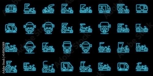Trishaw icons set outline vector. Pedicab bicycle. Bike indian neon color on black