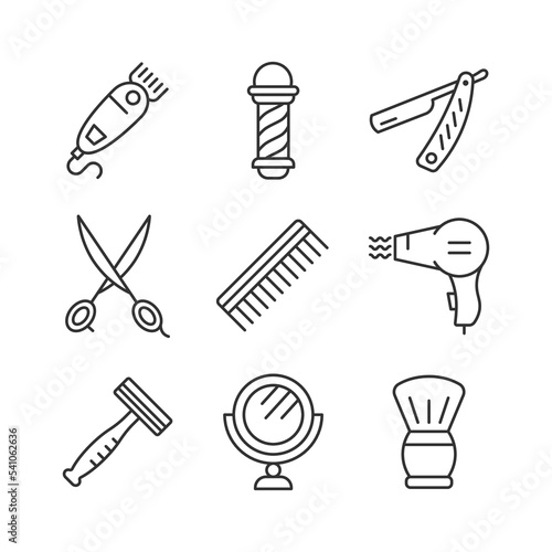 Barbershop line icon set. Equipment for shaving and haircut. Scissors, razor, hairbrush, mirror, flat sign. Editable stroke. Vector collection.