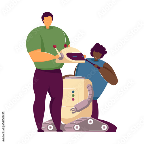 Children doing school robotics project. Group of students making robot, child sitting, teacher holding robotic head. Robotics, engineering technology, robots presentation, school project