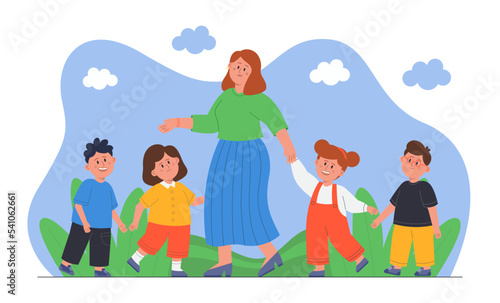 Female teacher walking with kids flat vector illustration. Joyful young pupils holding adults hand. Boys and girls talking and having fun in summer park. Pedagogy, education, kindergarten concept