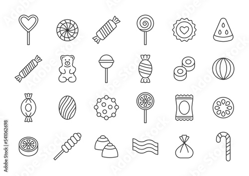 Candy line icon set. Vector collection with lollipop, sweets, caramel, candy cane, chocolate, gummy bear. Editable stroke.