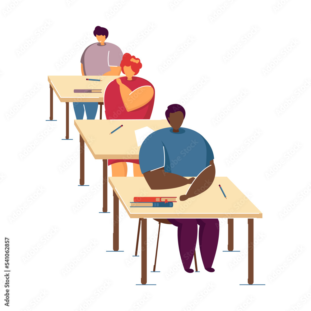 Clip art of pupils in school class. Cartoon boys and girls studying for exam, classroom interior flat vector illustration. School, education concept for banner, website design or landing web page Clip art of pupils in school class. Cartoon boys and girls studying for exam, classroom interior flat vector illustration. School, education concept for banner, website design or landing web page