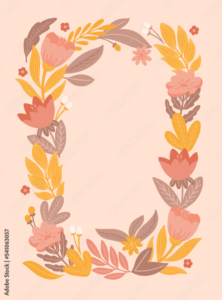 Pink yellow orange floral frame for greeting card or invitation. Flower border illustration. Bloom botanical wreath for birthday
