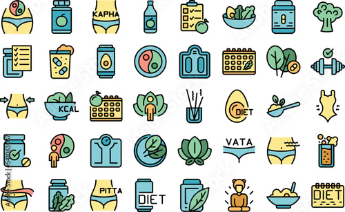 Ayurvedic diet icons set outline vector. Food eating. Cooking alternative color flat isolated