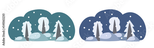 Snowy landscape. Forest in winter. Snowdrifts and trees. Cartoon illustration.