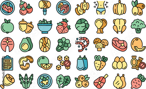 Paleo diet icons set outline vector. Seafood diet. Gluten health color flat isolated