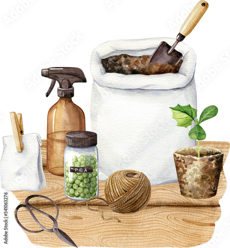 Cozy gardening at home watercolor concept illustration. Garden equipment, seeds, soil and green sprout on wooden table.