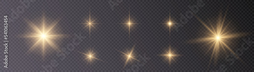 Fotografiet Set of bright gold stars with highlights. vector png