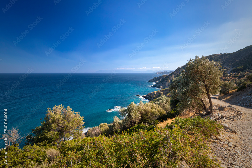 Krajobraz morski. Greckie krajobrazy z niebieskim niebem i widokiem na lazurowe morze z pięknej greckiej wyspy Evia. Podróże i wakacje w Grecji.	