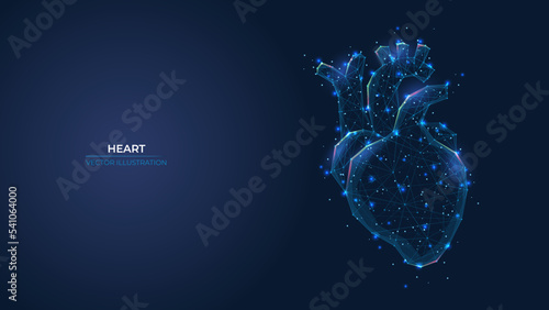 Futuristic abstract symbol of the human heart. Blue transplantation, diagnostic, innovative medicine concept. Low poly geometric 3d wallpaper background vector illustration. photo