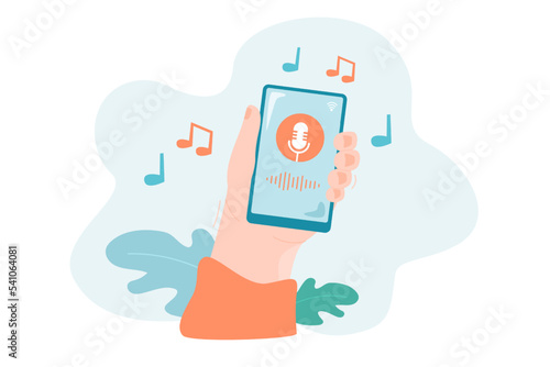 Hand holding mobile phone with music player app on screen. Person listening to music, podcast, online radio or recording audio using smartphone flat vector illustration. Entertainment concept