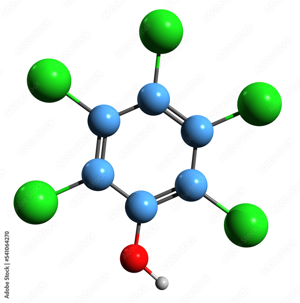 3D image of Pentachlorophenol skeletal formula - molecular chemical structure of organochlorine compound isolated on white background
3D image of Pentachlorophenol skeletal formula - molecular chemical structure of organochlorine compound isolated on white background
