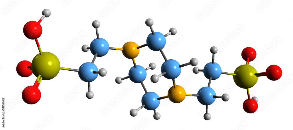 3D image of PIPES skeletal formula - molecular chemical structure of buffering agent isolated on white background 3D image of PIPES skeletal formula - molecular chemical structure of buffering agent isolated on white background
