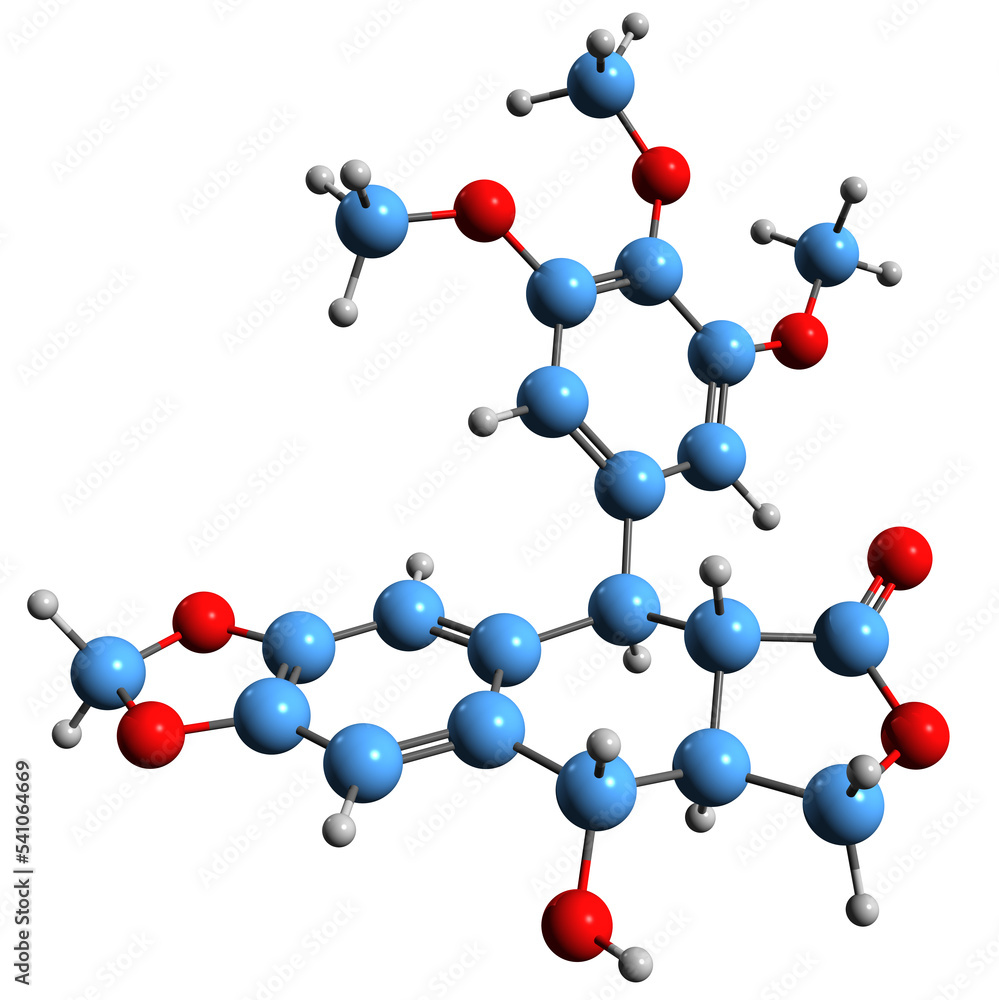 3D image of Podophyllotoxin skeletal formula - molecular chemical structure of nonalkaloid toxin antimitotic isolated on white background 3D image of Podophyllotoxin skeletal formula - molecular chemical structure of nonalkaloid toxin antimitotic isolated on white background