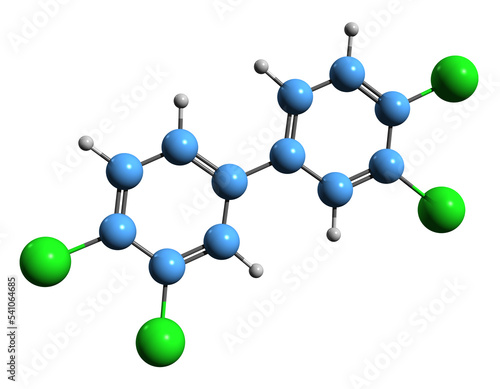 3D image of Polychlorinated biphenyls skeletal formula - molecular chemical structure of highly carcinogenic chemical compound isolated on white background
