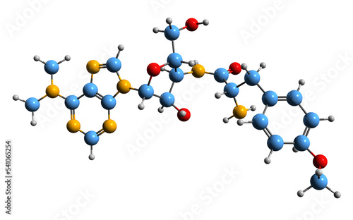 3D image of Puromycin skeletal formula - molecular chemical structure of aminonucleoside antibiotic isolated on white background photo
