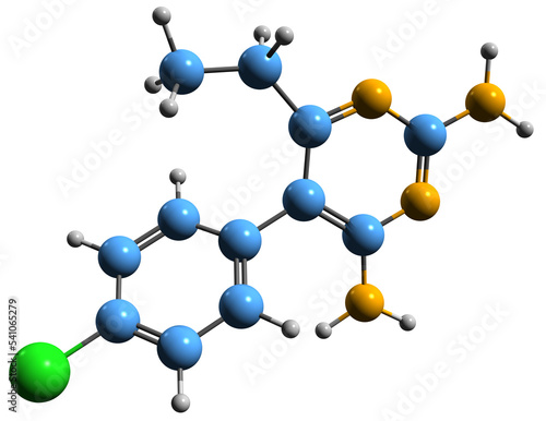 3D image of Pyrimethamine skeletal formula - molecular chemical structure of anti-parasitic medication isolated on white background
 photo
